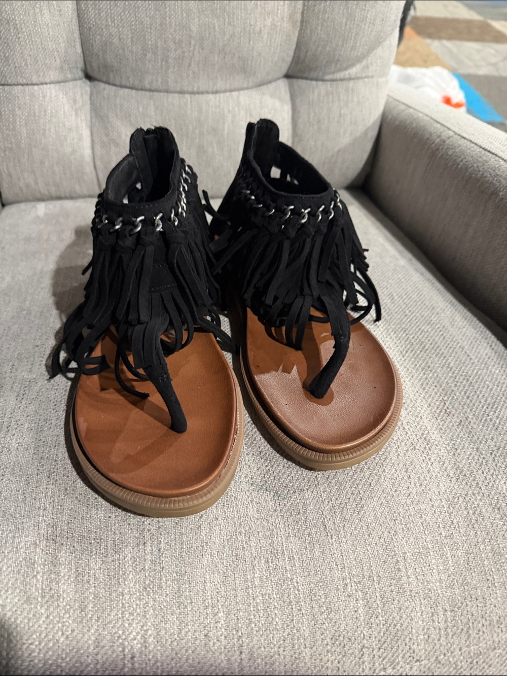 Very G Black Fringe Gladiator Sandals with Chain Detail